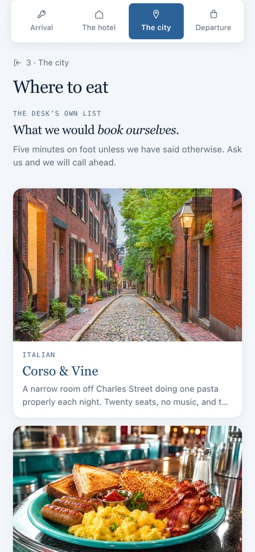 A list of places to eat, with photographs and walking distances