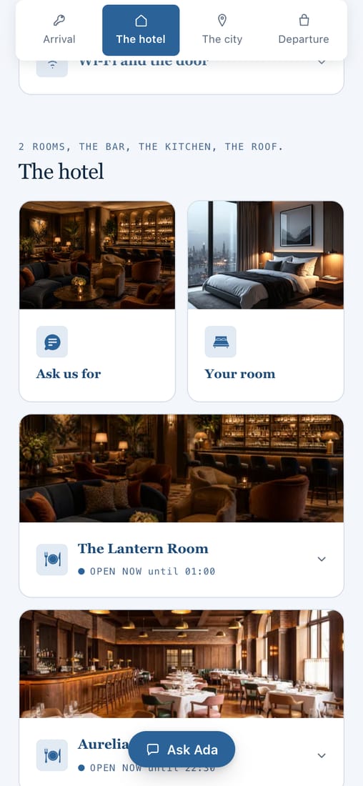 The Continental’s home screen, in the hotel’s own brand