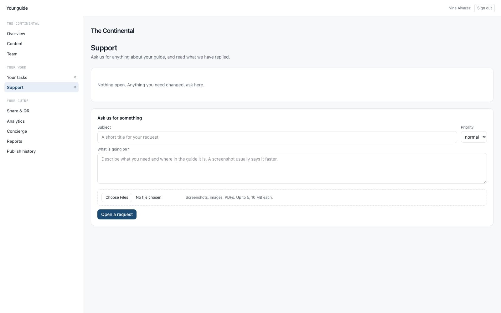 The hotel’s portal, opening a request to our team